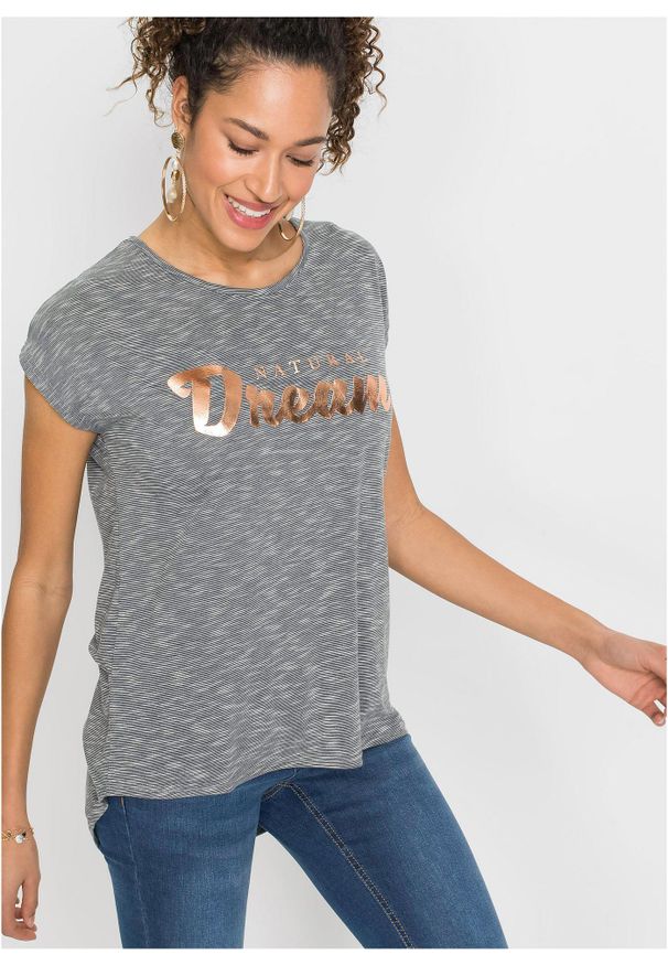 bonprix - Długi T-shirt z mieszanki wiskozy. Kolor: szary. Materiał: wiskoza. Długość: długie. Wzór: napisy. Styl: elegancki
