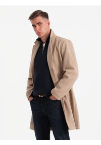 Ombre Clothing - Męski płaszcz jednorzędowy bez podszewki – beżowy V7 - Rozmiar: XXL. Kolor: beżowy. Materiał: poliester, materiał. Wzór: melanż. Styl: elegancki #5