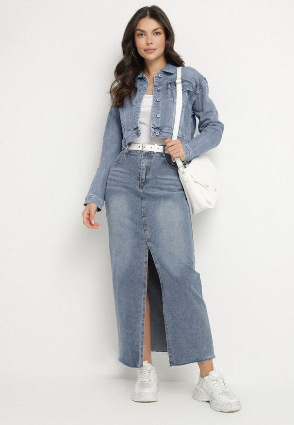 Born2be - Niebieska Ołówkowa Spódnica Jeansowa z Rozcięciem z Przodu Limirea. Okazja: na co dzień. Kolor: niebieski. Materiał: jeans. Styl: casual