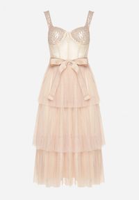 Born2be - Beżowa Sukienka Koktajlowa z Gorsetową Górą Falbanami Cekinami i Kokardą Loralina. Typ kołnierza: kokarda, dekolt gorset. Kolor: beżowy. Długość rękawa: na ramiączkach. Wzór: aplikacja. Typ sukienki: gorsetowe. Styl: wizytowy #3