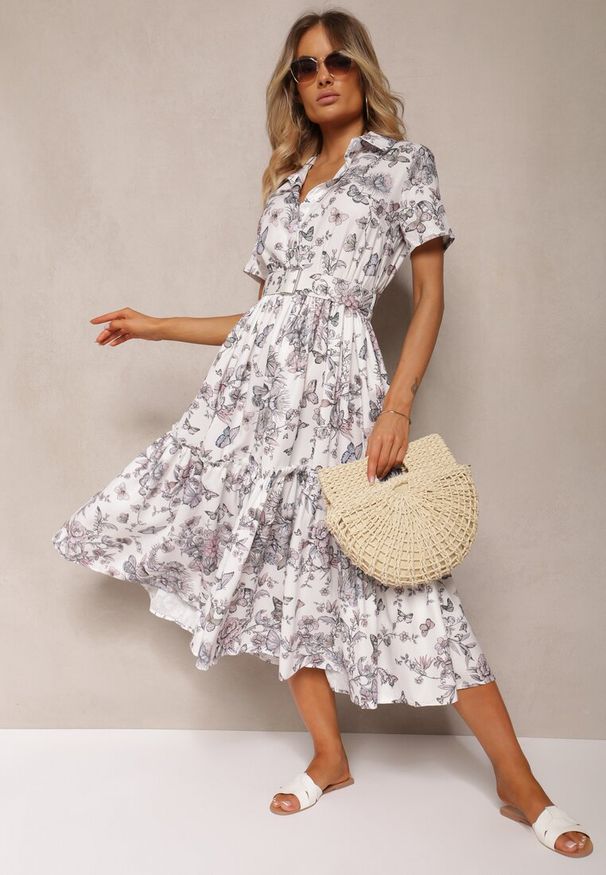 Renee - Biało-Szara Rozkloszowana Sukienka Koktajlowa z Paskiem Ozdobionym Klamrą i Gumką w Pasie Vimalinne. Okazja: na co dzień. Kolor: biały. Materiał: tkanina. Długość rękawa: krótki rękaw. Wzór: aplikacja. Sezon: lato. Styl: wizytowy