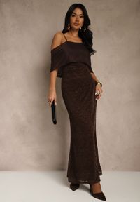 Renee - Brązowa Sukienka o Asymetrycznym Kroju Ozdobiona Falbaną Owedia. Kolor: brązowy. Materiał: poliester. Wzór: aplikacja. Typ sukienki: asymetryczne. Styl: elegancki #3