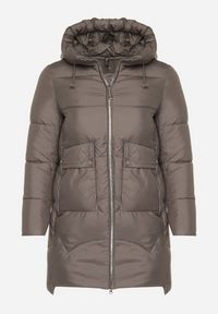 Born2be - Szara Długa Pikowana Kurtka z Nieodpinanym Kapturem Mevessia. Okazja: na co dzień. Kolor: szary. Materiał: jeans. Długość: długie. Styl: casual, elegancki, klasyczny #3