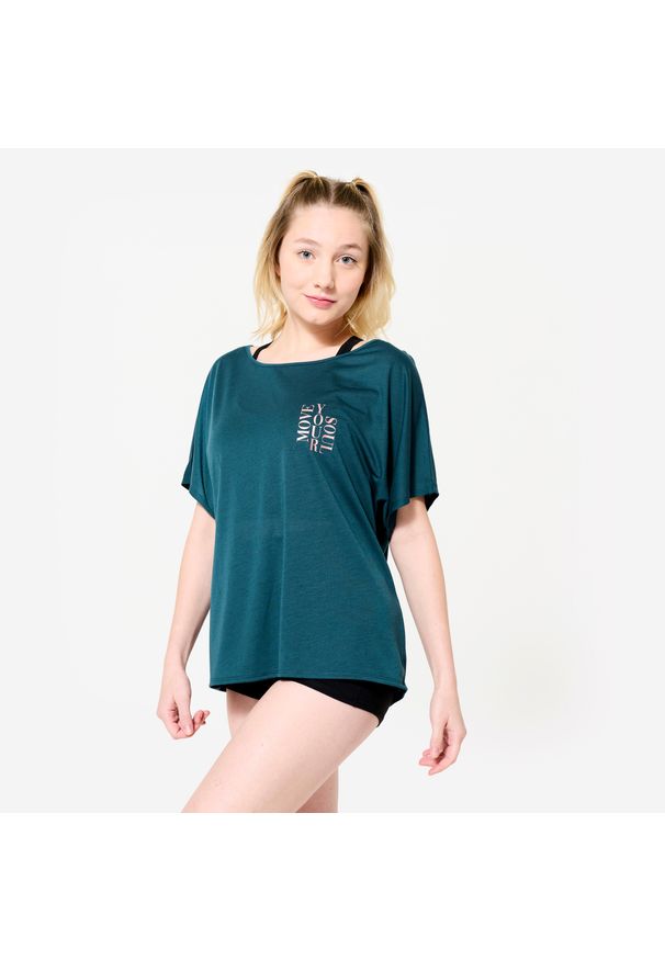 DOMYOS - Koszulka z krótkim rękawem do tańca nowoczesnego damska Starever. Kolor: wielokolorowy, niebieski, zielony. Materiał: poliester, materiał, lyocell. Długość rękawa: krótki rękaw. Długość: krótkie. Sport: taniec