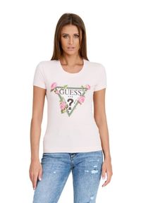 Guess - GUESS Różowy t-shirt Floral Triangle Tee. Kolor: różowy #4