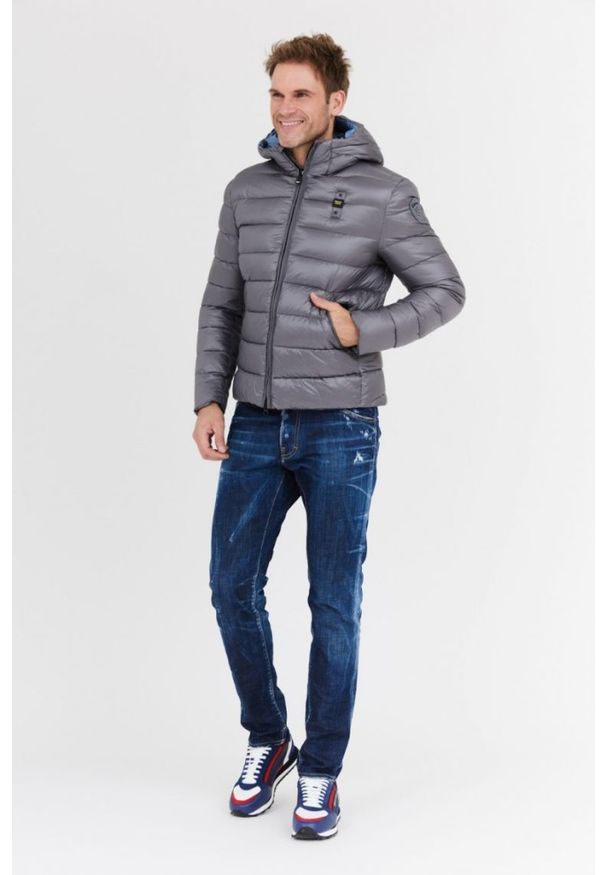 Blauer USA - BLAUER Szara puchowa kurtka męska Virgil z kapturem. Typ kołnierza: kaptur. Kolor: szary. Materiał: puch