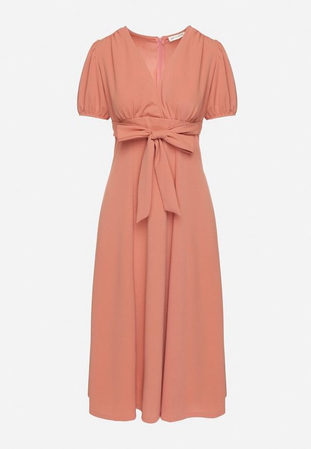 Born2be - Pomarańczowa Koktajlowa Sukienka o Rozkloszowanym Kroju z Wiązaniem Zilarie. Kolor: różowy. Styl: wizytowy