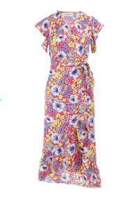 Born2be - Fuksjowa Sukienka Cileda. Okazja: na plażę. Kolor: różowy. Materiał: tkanina. Wzór: kwiaty. Typ sukienki: kopertowe. Styl: wakacyjny. Długość: midi #4