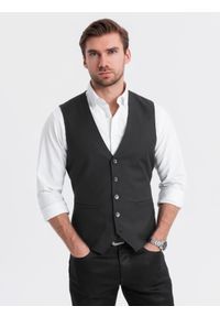 Ombre Clothing - Męska dopasowana kamizelka z rayonem i marmurkowymi guzikami – czarna V4 - Rozmiar: XL. Kolor: czarny. Materiał: tkanina, poliester. Wzór: gładki, jednolity. Styl: elegancki