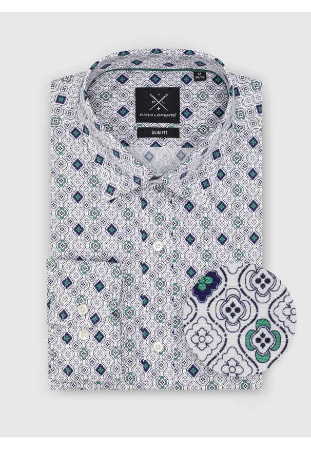 Pako Lorente - PAKO LORENTE – Męska koszula w kolorze białym w granatowo-zielony wzór. Typ kołnierza: kołnierzyk klasyczny. Kolor: wielokolorowy, niebieski, biały, zielony. Materiał: bawełna, elastan. Długość rękawa: długi rękaw. Długość: długie. Styl: klasyczny