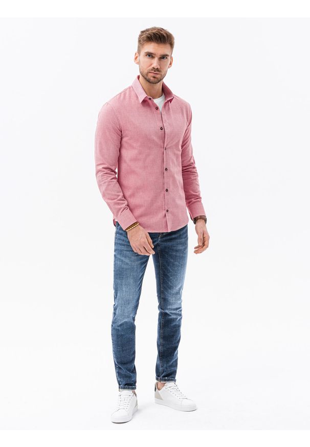 Ombre Clothing - Bawełniana koszula męska z tkaniny w stylu Oxford SLIM FIT - czerwona V18 K642 - XXL. Kolor: czerwony. Materiał: bawełna, tkanina