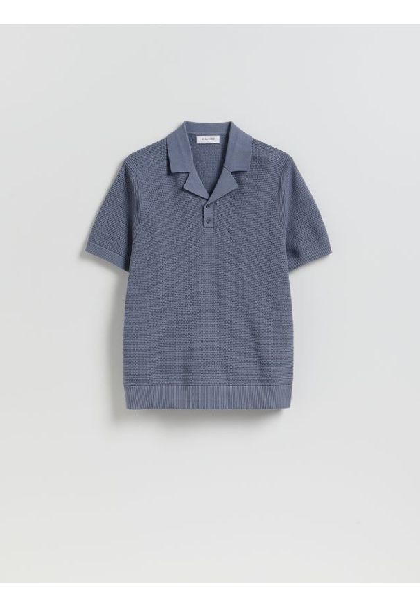 Reserved - Strukturalny sweter polo - granatowy. Typ kołnierza: polo. Kolor: niebieski. Materiał: dzianina, bawełna
