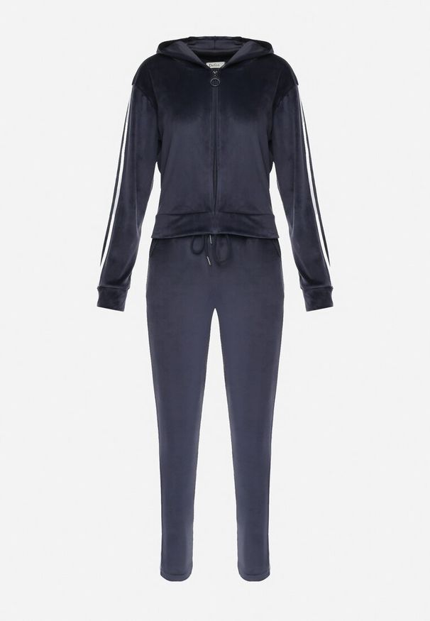 Born2be - Granatowy Welurowy Komplet Dresowy 2-Częściowy z Lampasami Bluza i Spodnie Atiriv. Kolor: niebieski. Materiał: welur, dresówka