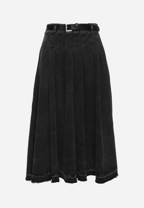 Born2be - Czarna Spódnica Jeansowa Rozkloszowana z Paskiem z Ekoskóry Nalier. Okazja: na co dzień. Kolor: czarny. Materiał: jeans. Styl: elegancki, casual
