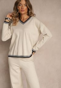 Renee - Jasnobeżowy Komplet Dzianinowy Sweter i Spodnie Wide Leg z Ozdobną Lamówką Ralenia. Kolor: beżowy. Materiał: dzianina. Wzór: aplikacja #5