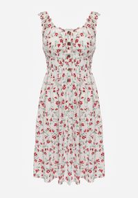 Renee - Biało-Czerwona Rozkloszowana Sukienka na Ramiączkach w Kwiatowy Print Xallio. Okazja: na plażę, na spacer. Typ kołnierza: dekolt kwadratowy. Kolor: biały. Materiał: jeans. Długość rękawa: na ramiączkach. Wzór: kwiaty, nadruk. Sezon: lato #8