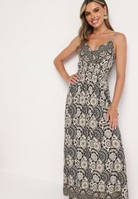 Born2be - Czarno-Beżowa Wiskozowa Sukienka Boho na Ramiączkach z Gumką w Pasie Elorea. Kolor: czarny. Materiał: wiskoza. Długość rękawa: na ramiączkach. Sezon: lato. Styl: boho #7