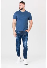 Guess - GUESS Niebieski t-shirt męski z aplikacją z logo, Rozmiar S. Kolor: niebieski. Wzór: aplikacja #3