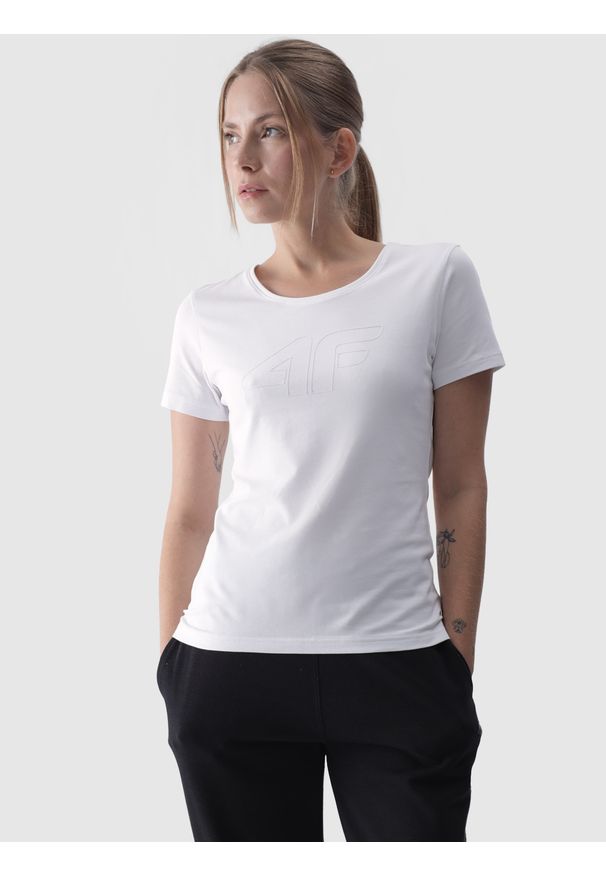 4f - 4F T-shirt slim z nadrukiem damski - biały XS. Okazja: na co dzień. Kolor: biały. Materiał: dzianina, bawełna, jersey, materiał, elastan. Wzór: nadruk. Styl: klasyczny, sportowy, casual