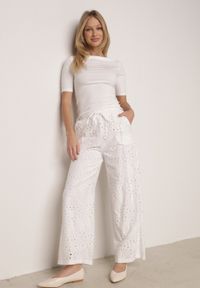 Born2be - Białe Bawełniane Spodnie Szerokie Ażurowe w Stylu Boho z Haftem Ellanirae. Okazja: na co dzień. Kolor: biały. Materiał: bawełna. Wzór: ażurowy, haft. Styl: boho #1