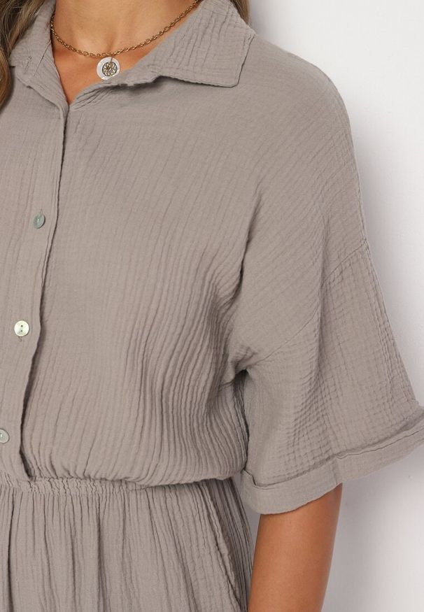 Born2be - Ciemnobeżowy Bawełniany Kombinezon z Koszulową Górą i Prostymi Spodniami Namsore. Kolor: beżowy. Materiał: bawełna. Styl: klasyczny, elegancki