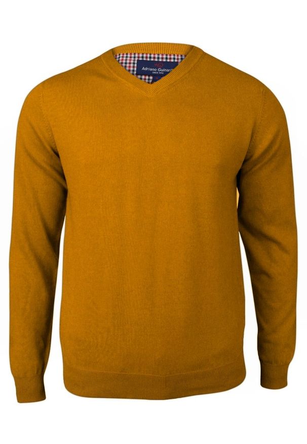 Sweter Musztardowy w Serek (V-neck), Męski, Klasyczny, Elegancki -Adriano Guinari. Okazja: na co dzień, do pracy, na spotkanie biznesowe. Typ kołnierza: dekolt w serek. Kolor: złoty, wielokolorowy, żółty. Materiał: bawełna. Styl: klasyczny, elegancki