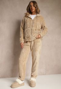 Renee - Beżowy Futerkowy Komplet Dresowy Bluza na Suwak z Kapturem i Spodnie Anatilea. Kolor: beżowy. Materiał: dresówka #3