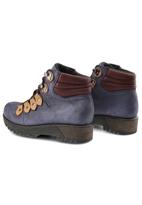 Botki damskie Pollonus, skórzane i solidnej podeszwie, granatowo-bordowe, 5-0958-005. Okazja: na co dzień. Zapięcie: sznurówki. Kolor: niebieski. Szerokość cholewki: normalna. Wzór: aplikacja. Materiał: skóra. Sezon: zima, jesień. Obcas: na obcasie. Styl: klasyczny, casual, elegancki. Wysokość obcasa: średni