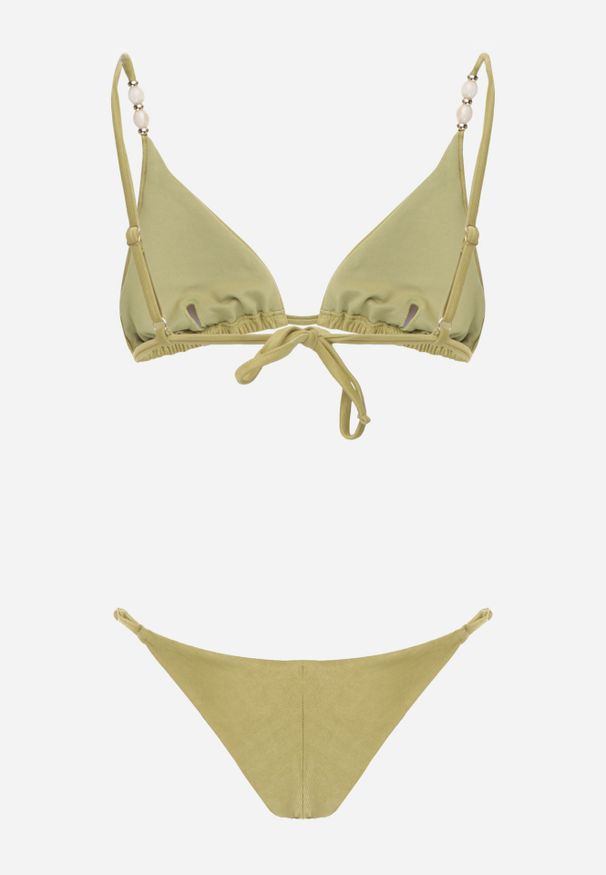 Renee - Jasnozielone Bikini Biustonosz z Wiązaniem na Plecach i Koralikami i Majtki Figi Sheille. Kolekcja: plus size. Kolor: zielony. Wzór: aplikacja, haft