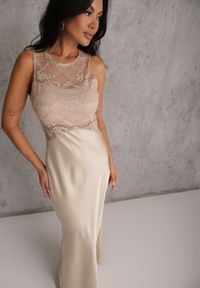 Renee - Beżowa Dopasowana Sukienka Wieczorowa z Koronkowymi Zdobieniami Bermina. Kolor: beżowy. Materiał: koronka. Wzór: aplikacja. Styl: wizytowy #1