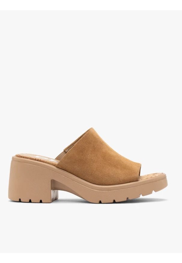 Ryłko - Rude klapki damskie wsuwane. Kolor: brązowy. Materiał: skóra, welur. Sezon: lato. Obcas: na obcasie. Styl: street, boho. Wysokość obcasa: średni