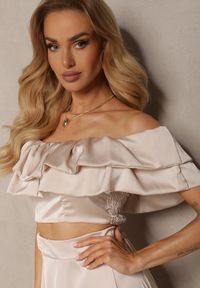 Renee - Beżowy Komplet Długa Spódnica Rozkloszowana z Rozcięciem na Boku oraz Bluzka Hiszpanka Virera. Kolor: beżowy. Materiał: materiał #3