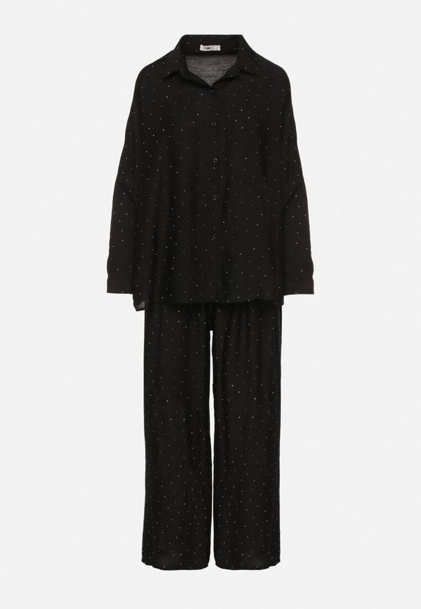 Born2be - Czarny Komplet o Kroju Oversize Koszula i Spodnie Ulosarenia. Kolor: czarny. Wzór: aplikacja