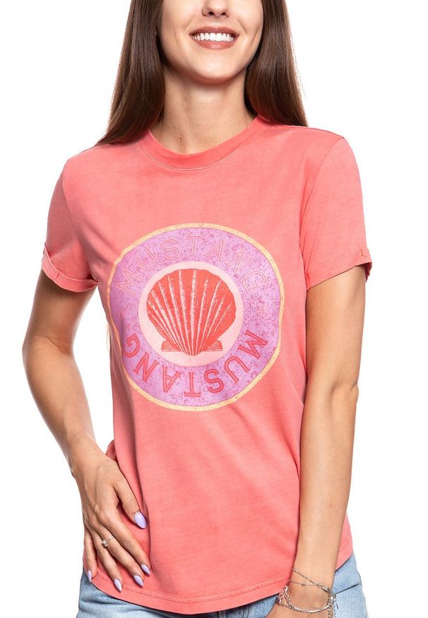 Mustang - MUSTANG T SHIRT DAMSKI Alina C Print Porcelain Rose 1009475 8204. Wzór: nadruk