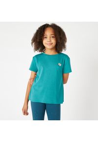 DOMYOS - Koszulka z krótkim rękawem dziecięca Domyos 500. Kolor: zielony. Materiał: elastan, bawełna, poliester, materiał, lyocell. Długość rękawa: krótki rękaw. Długość: krótkie. Wzór: kwiaty