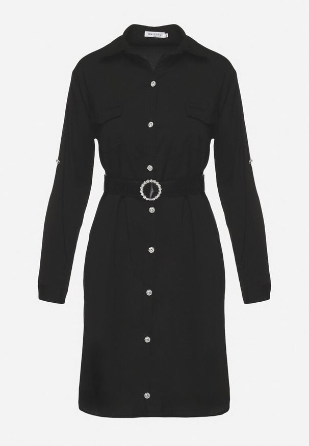 Born2be - Czarna Sukienka o Koszulowym Fasonie z Paskiem z Cyrkoniami w Komplecie Iosali. Kolor: czarny. Typ sukienki: koszulowe. Styl: klasyczny, elegancki