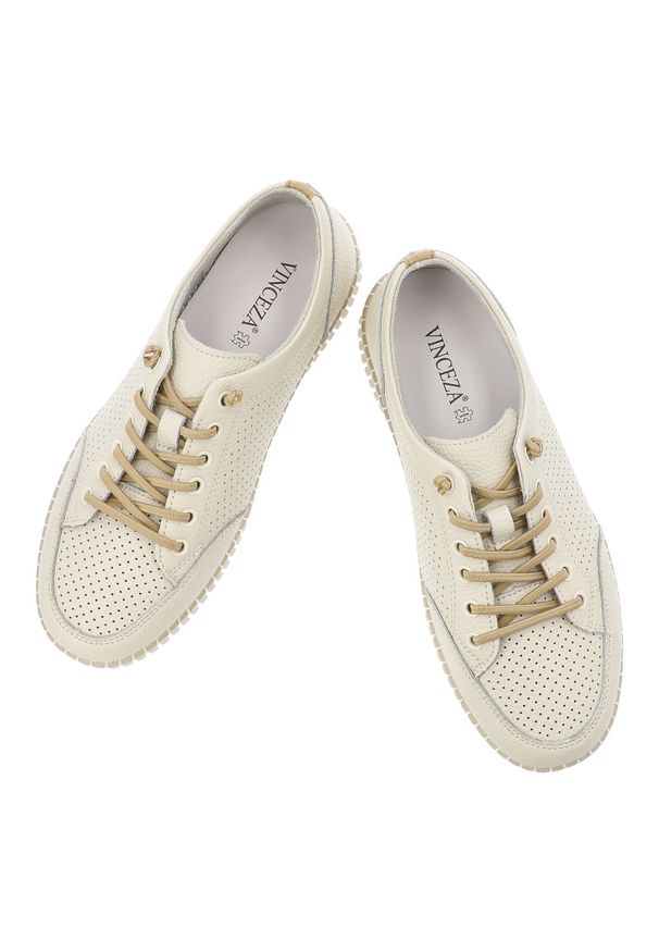 Półbuty damskie Vinceza, cholewka ze skóry naturalnej na płaskiej podeszwie z klasycznym sznurowaniem, beżowe, 79598. Okazja: na co dzień. Zapięcie: sznurówki. Kolor: beżowy. Materiał: skóra. Szerokość cholewki: normalna. Obcas: na płaskiej podeszwie. Styl: klasyczny