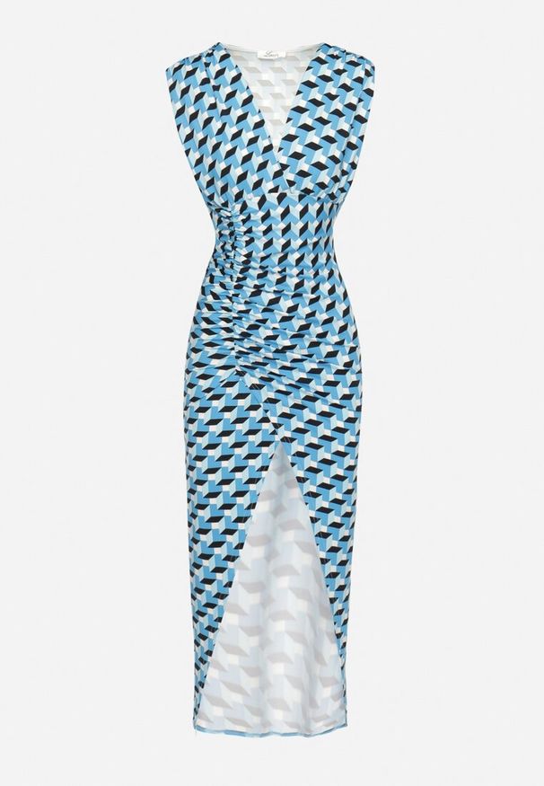 Born2be - Niebiesko-Czarna Dopasowana Sukienka z Marszczeniem Terysa. Kolor: niebieski. Typ sukienki: kopertowe. Długość: maxi