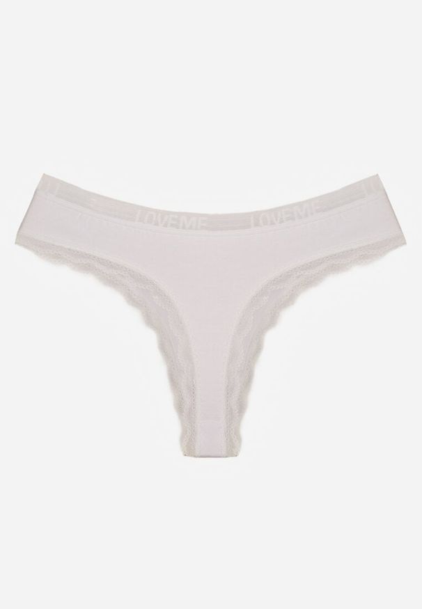 Renee - Białe Majtki Stringi Ozdobione Koronką z Bawełną Meniliphis. Kolor: biały. Materiał: bawełna, koronka. Wzór: aplikacja, koronka