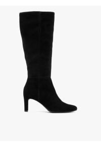 Ryłko - Czarne kozaki z szeroką cholewką. Zapięcie: zamek. Kolor: czarny. Materiał: welur, skóra. Szerokość cholewki: szeroka. Obcas: na obcasie. Styl: street, elegancki. Wysokość obcasa: średni #1