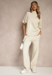 Renee - Jasnobeżowy Komplet Oversize z Dzianiny z Wiskozą T-shirt i Spodnie o Szerokim Kroju Linneathra. Kolor: beżowy. Materiał: dzianina, wiskoza #5