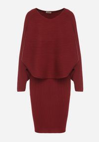 Born2be - Bordowy Dzianinowy Komplet Prążkowany Sukienka i Sweter o Kroju Nietoperz Wederela. Kolor: czerwony. Materiał: dzianina, prążkowany #7