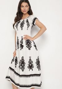 Born2be - Biała Sukienka o Kroju Hiszpanki Zdobiona Orientalnym Wzorem Aravine. Okazja: na co dzień. Typ kołnierza: dekolt hiszpanka. Kolor: biały. Materiał: jeans. Długość rękawa: krótki rękaw. Wzór: aplikacja. Sezon: lato. Styl: casual, elegancki #5