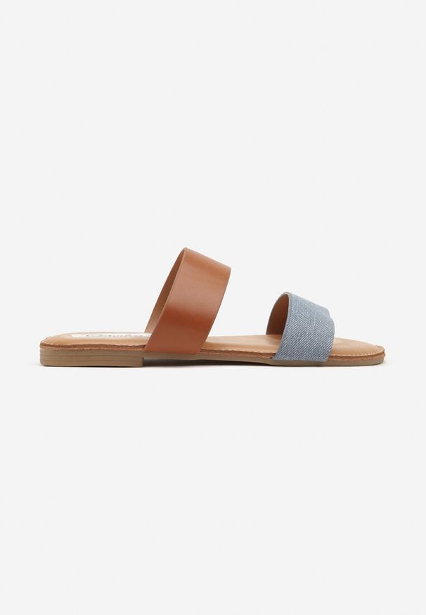 Born2be - Niebieskie Minimalistyczne Klapki na Płaskiej Podeszwie z Podwójnym Paskiem Dorese. Okazja: na plażę, na spacer. Kolor: niebieski. Materiał: len. Wzór: ażurowy. Sezon: lato. Obcas: na płaskiej podeszwie