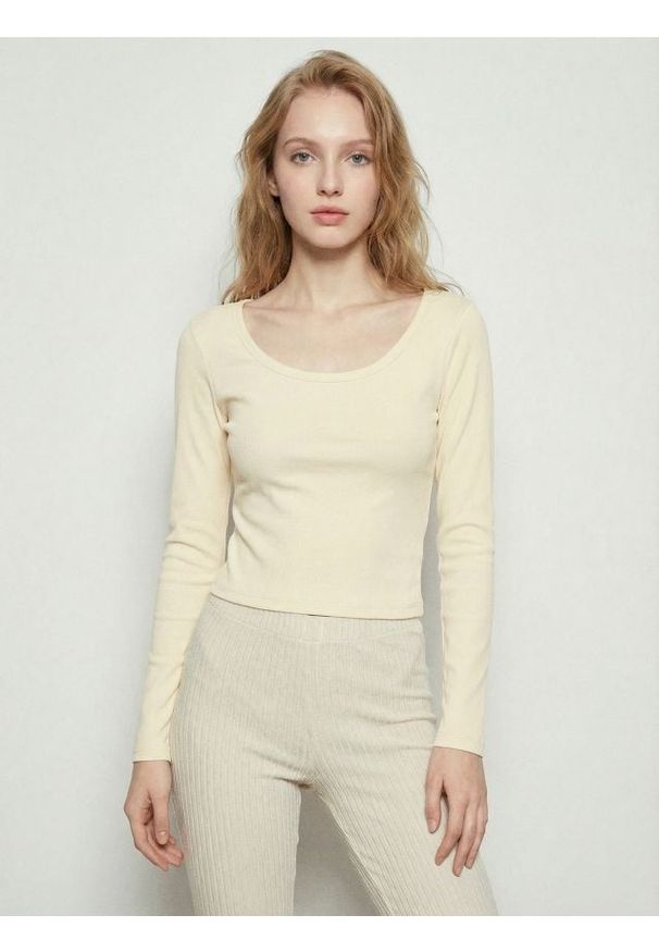 Sinsay - Bawełniana bluzka z długim rękawem - żółty. Kolor: żółty. Materiał: bawełna. Długość rękawa: długi rękaw. Długość: długie