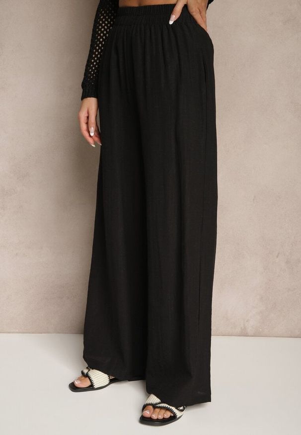 Renee - Czarne Wiskozowe Spodnie Palazzo High Waist z Lnem Linaselia. Okazja: na co dzień. Stan: podwyższony. Kolor: czarny. Materiał: wiskoza, len. Styl: elegancki, casual