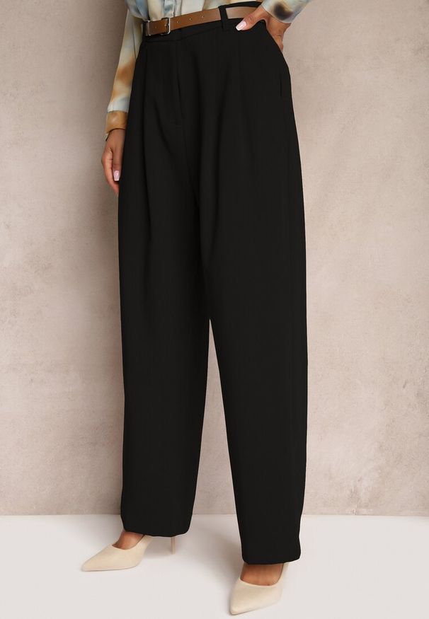 Renee - Czarne Garniturowe Spodnie High Waist o Szerokim Kroju z Dodatkiem Wiskozy Mavaira. Okazja: na co dzień. Stan: podwyższony. Kolor: czarny. Materiał: wiskoza. Styl: casual, elegancki, klasyczny