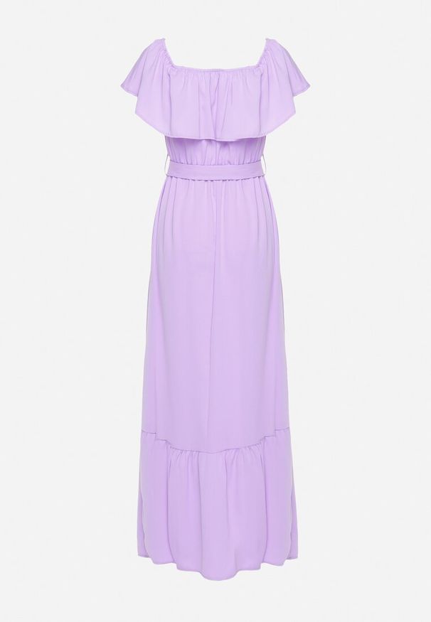 Born2be - Fioletowa Sukienka o Rozkloszowanym Fasonie z Hiszpańskim Dekoltem i Materiałowym Paskiem Nacara. Okazja: na co dzień. Kolor: fioletowy. Materiał: materiał. Długość rękawa: krótki rękaw. Sezon: lato. Typ sukienki: proste. Styl: casual