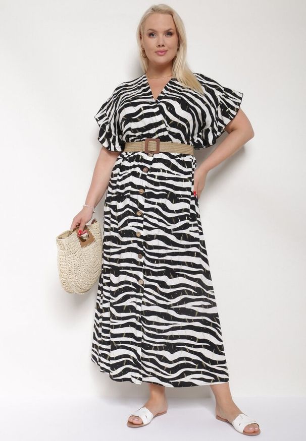 Born2be - Czarno-Biała Kopertowa Sukienka z Wiskozy z Gumką w Talii Vikirea. Okazja: na co dzień. Typ kołnierza: dekolt w kształcie V. Kolor: czarny. Materiał: wiskoza. Długość rękawa: krótki rękaw. Typ sukienki: kopertowe. Styl: casual, elegancki