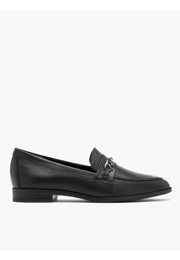 Ryłko - Czarne damskie mokasyny z ozdobą. Nosek buta: okrągły. Kolor: czarny. Materiał: skóra. Szerokość cholewki: normalna. Wzór: aplikacja. Obcas: na obcasie. Styl: street. Wysokość obcasa: średni